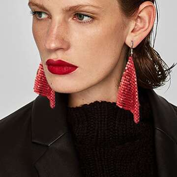 Suyi Trendy Women Earrings Metal Mesh Grid Sequins Tassel Long Drop Dangle Earrings (Red)