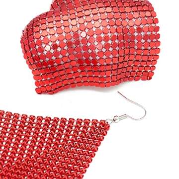 Suyi Trendy Women Earrings Metal Mesh Grid Sequins Tassel Long Drop Dangle Earrings (Red)