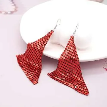 Suyi Trendy Women Earrings Metal Mesh Grid Sequins Tassel Long Drop Dangle Earrings (Red)