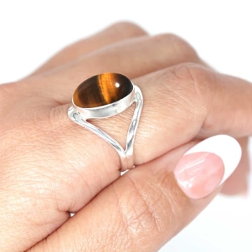 JEWELOPORIUM Brown Tiger Eye Silver Ring Size 8, 925 Sterling Silver Ring for Women, Natural Oval Ge...
