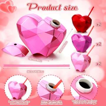 Hsei 6 Pcs Heart Shaped Cup with Lid and Straw 20 oz Heart Tumbler Gifts Plastic Drink Cups Reusable for Kids Adults Birthday Cocktail Party Favor Supplies