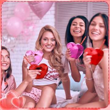 Hsei 6 Pcs Heart Shaped Cup with Lid and Straw 20 oz Heart Tumbler Gifts Plastic Drink Cups Reusable for Kids Adults Birthday Cocktail Party Favor Supplies