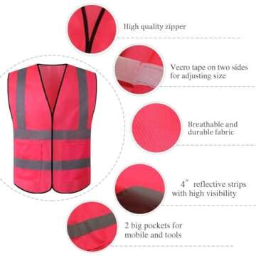 JSungo High Visibility Safety Vest 10 Pack ANSI Class 2 Security Vest with 2 Inch Reflective Silver Strip, Women Construction Vest for Night Running, Jogging, Cycling Walking (Pink)