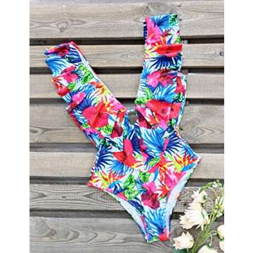SPORLIKE Women One Piece Swimsuit V-Neck Ruffle Bathing Suit Monokini(Floral/White,L)