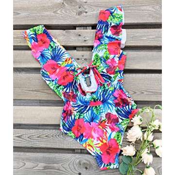 SPORLIKE Women One Piece Swimsuit V-Neck Ruffle Bathing Suit Monokini(Floral/White,L)