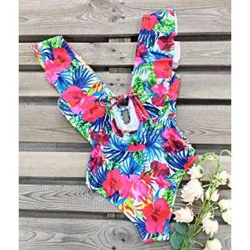 SPORLIKE Women One Piece Swimsuit V-Neck Ruffle Bathing Suit Monokini(Floral/White,L)