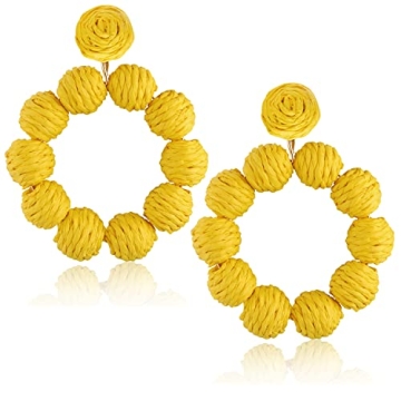 Statement Raffia Earrings for Women Boho Rattan Ball Hoop Dangle Earrings Handmade Bohemia Braid Str...
