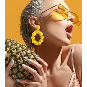 Statement Raffia Earrings for Women Boho Rattan Ball Hoop Dangle Earrings Handmade Bohemia Braid Straw Wicker Raffia Wrapped Drop Earrings Summer Beach Earrings Jewelry