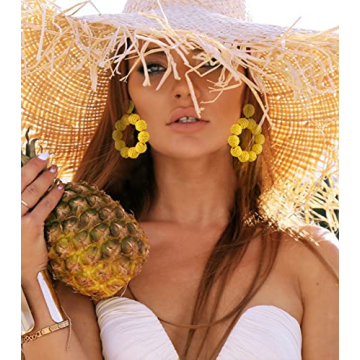 Statement Raffia Earrings for Women Boho Rattan Ball Hoop Dangle Earrings Handmade Bohemia Braid Straw Wicker Raffia Wrapped Drop Earrings Summer Beach Earrings Jewelry