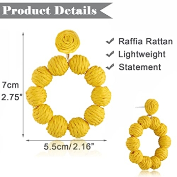 Statement Raffia Earrings for Women Boho Rattan Ball Hoop Dangle Earrings Handmade Bohemia Braid Straw Wicker Raffia Wrapped Drop Earrings Summer Beach Earrings Jewelry
