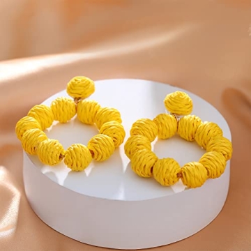 Statement Raffia Earrings for Women Boho Rattan Ball Hoop Dangle Earrings Handmade Bohemia Braid Straw Wicker Raffia Wrapped Drop Earrings Summer Beach Earrings Jewelry