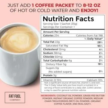 FAT FUEL Keto Coffee 22g Premium Fats - With Grass Fed Butter, MCT Oil, Coconut & Redmond Real Salt - Instant Organic Coffee, One Net Carb, A True Meal Replacement - 15 Servings