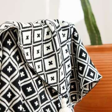 SNUGBLAKI Black and White Throw Blankets, Decorative Knitted Patterned Blanket with Tassel, Lightweight Soft Throw Blanket for Sofa Couch Bed and Living Room, Boho Home Decor All Season, 50x70 inch