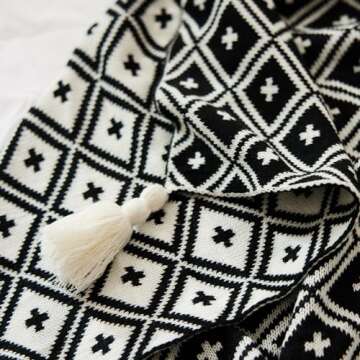 SNUGBLAKI Black and White Throw Blankets, Decorative Knitted Patterned Blanket with Tassel, Lightweight Soft Throw Blanket for Sofa Couch Bed and Living Room, Boho Home Decor All Season, 50x70 inch