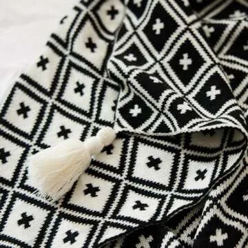 SNUGBLAKI Black and White Throw Blankets, Decorative Knitted Patterned Blanket with Tassel, Lightweight Soft Throw Blanket for Sofa Couch Bed and Living Room, Boho Home Decor All Season, 50x70 inch