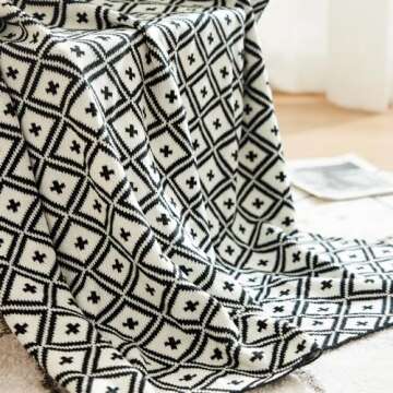 SNUGBLAKI Black and White Throw Blankets, Decorative Knitted Patterned Blanket with Tassel, Lightweight Soft Throw Blanket for Sofa Couch Bed and Living Room, Boho Home Decor All Season, 50x70 inch