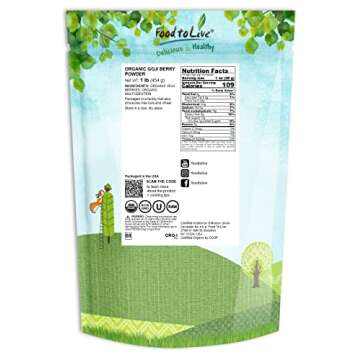 Food to Live Organic Goji Berry Powder, 1 Pound Non-GMO, Kosher, Vegan, Bulk, Contains Maltodextrin