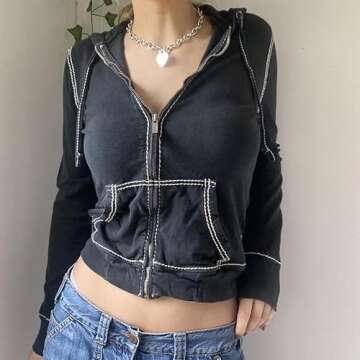 Faretumiya Women Zip Up Long Sleeve Crop Hooded Tops Ribbed Knit Cropped Hoodie Jacket Y2k Cute Sweater Pullover