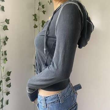 Faretumiya Women Zip Up Long Sleeve Crop Hooded Tops Ribbed Knit Cropped Hoodie Jacket Y2k Cute Sweater Pullover