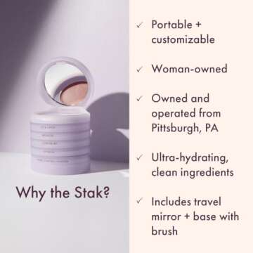 5-in-1 travel makeup kit by subtl beauty | eyeshadow duo, powder blush, cream highlighter, lip and cheek, lip balm | free travel mirror and brush | stackable makeup for travel