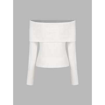 CIDER Women’s Off Shoulder Knitted Long Sleeve Tops Fall Pullover Sweater : Cream, S