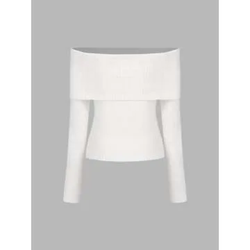 CIDER Women’s Off Shoulder Knitted Long Sleeve Tops Fall Pullover Sweater : Cream, S