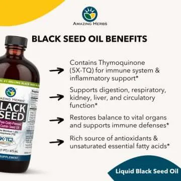 Amazing Herbs Premium Black Seed Oil - Cold Pressed Nigella Sativa Aids in Digestive Health, Immune Support, Brain Function, Joint Mobility, Gluten Free, Non GMO - 16 Fl Oz