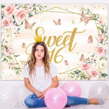 Avezano Sweet 16 Backdrop - Blush Pink Flower Butterfly Design for Unforgettable Celebrations (7x5 f...