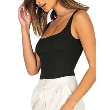 Women’s Sexy Fashion Square Neck Sleeveless Underbust Detailing Ribbed Knit One Piece Slimming Tank Thong Bodysuits Tops Leotards for Going Out Black Large