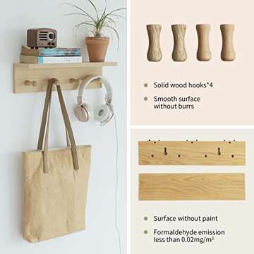 XAOHOME Wall Mount Coat Rack with Shelf, Sturdy Wooden Floating Shelf with Hooks Save Your Indoor Space, Wall Organizer siutable for Entryway, Mudroom, Kitchen, Bathroom, etc(Oak Finish)
