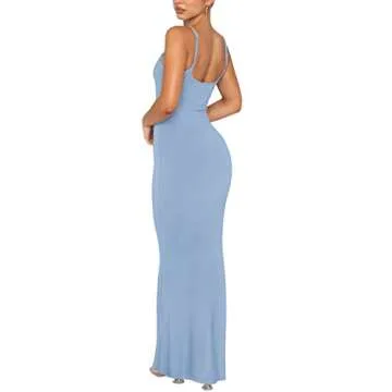 REORIA Women's Sexy Casual Lounge Slip Long Dress Elegant Wedding Guest Sleeveless Backless Ribbed Bodycon Maxi Dresses Blue X-Small