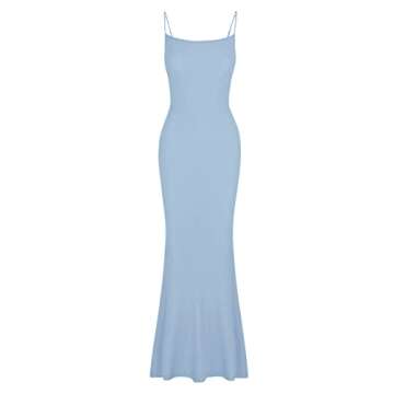 REORIA Women's Sexy Casual Lounge Slip Long Dress Elegant Wedding Guest Sleeveless Backless Ribbed Bodycon Maxi Dresses Blue X-Small