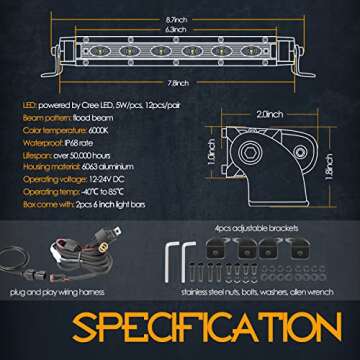 6 Inch Single Row LED Light Bars with Wiring Harness, Nirider Black Series CREE LED Pods 2PCS 60W Su...