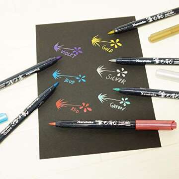 Kuretake ZIG FUDEBIYORI Brush Pens Metallic 6 colors set, perfect for lettering, illustration on dar...