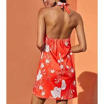 Fronage Women's Casual Sleeveless Floral Mini Dress Summer Beach Halter Neck Dresses (Medium, Orange)