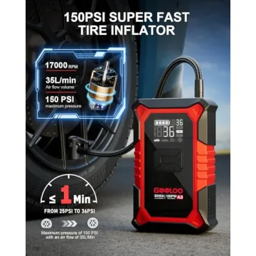 GOOLOO A3 Jump Starter with Air Compressor, 3000A Portable Car Battery Booster (9.0 Gas/6.5L Diesel) with 150PSI Auto-Shutoff Tire Inflator, 12V Supersafe Lithium Jump Box Car Battery Jumper Starter