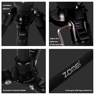 Zomei Z818C Professional Portable Carbon Fiber Tripod Stand with Ball Head Quick Release Plate Carrying Bag, Travel for Canon Sony Nikon Samsung Panasonic Olympus Kodak Fuji Cameras Camcorders Black