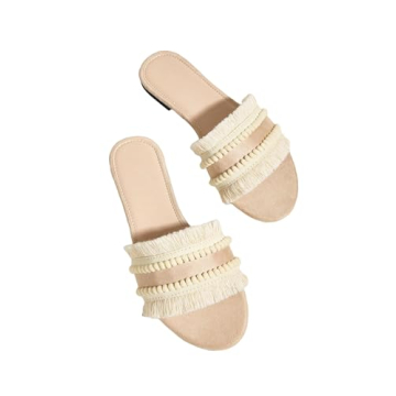 OYOANGLE Women's Fringe Trim Satin Open Toe Flat Slide Sandals Summer Casual Slip on Dressy Sandals ...