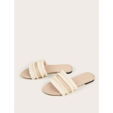 OYOANGLE Women's Fringe Trim Satin Open Toe Flat Slide Sandals Summer Casual Slip on Dressy Sandals Apricot 7.5