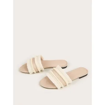 OYOANGLE Women's Fringe Trim Satin Open Toe Flat Slide Sandals Summer Casual Slip on Dressy Sandals Apricot 7.5