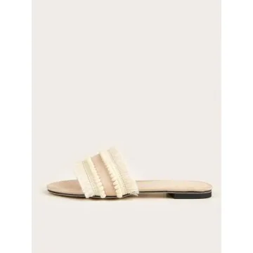 OYOANGLE Women's Fringe Trim Satin Open Toe Flat Slide Sandals Summer Casual Slip on Dressy Sandals Apricot 7.5