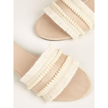 OYOANGLE Women's Fringe Trim Satin Open Toe Flat Slide Sandals Summer Casual Slip on Dressy Sandals Apricot 7.5