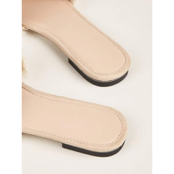 OYOANGLE Women's Fringe Trim Satin Open Toe Flat Slide Sandals Summer Casual Slip on Dressy Sandals Apricot 7.5