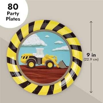 BLUE PANDA Disposable Plates - 80-Count Paper Plates, Construction Party Supplies for Appetizer, Lunch, Dinner, and Dessert, 9 x 9 Inches