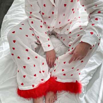 KMBANGI Women Valentine's Day Pajamas Set Heart Print Silk Satin Pjs Feather Trim Long Sleeve Shirt ...