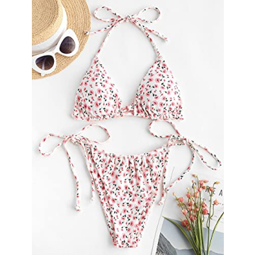 ZAFUL Women Floral Print Swimsuits Ribbed Cutout Halter Multi-Way Bikini