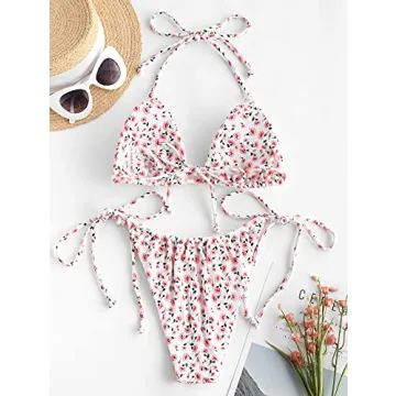 ZAFUL Women Floral Print Swimsuits Ribbed Cutout Halter Multi-Way Bikini