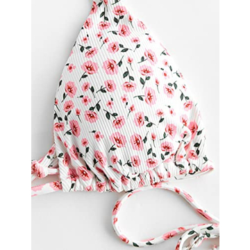 ZAFUL Women Floral Print Swimsuits Ribbed Cutout Halter Multi-Way Bikini