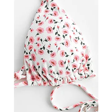 ZAFUL Women Floral Print Swimsuits Ribbed Cutout Halter Multi-Way Bikini