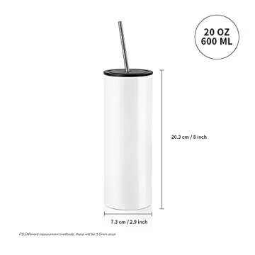 PYD Life Sublimation Blanks Tumbler White 20 OZ Straight Slim Skinny Stainless Steel Coffee Tumbler with Metal Straw with 2 Lids for Tumbler Heat Press Machine Sublimation Print 4 Pack